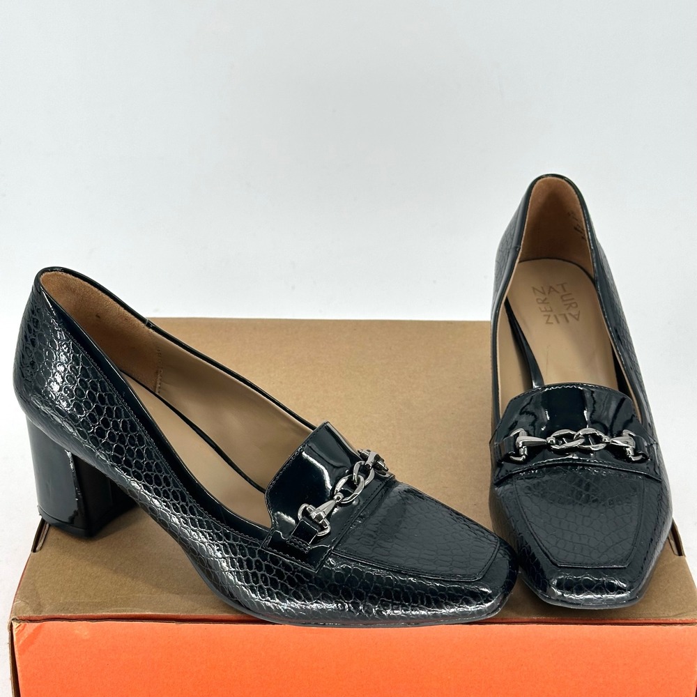 Naturalizer Wynd Black Patent Leather Loafers Embossed Croc Pump Block 9.5 W